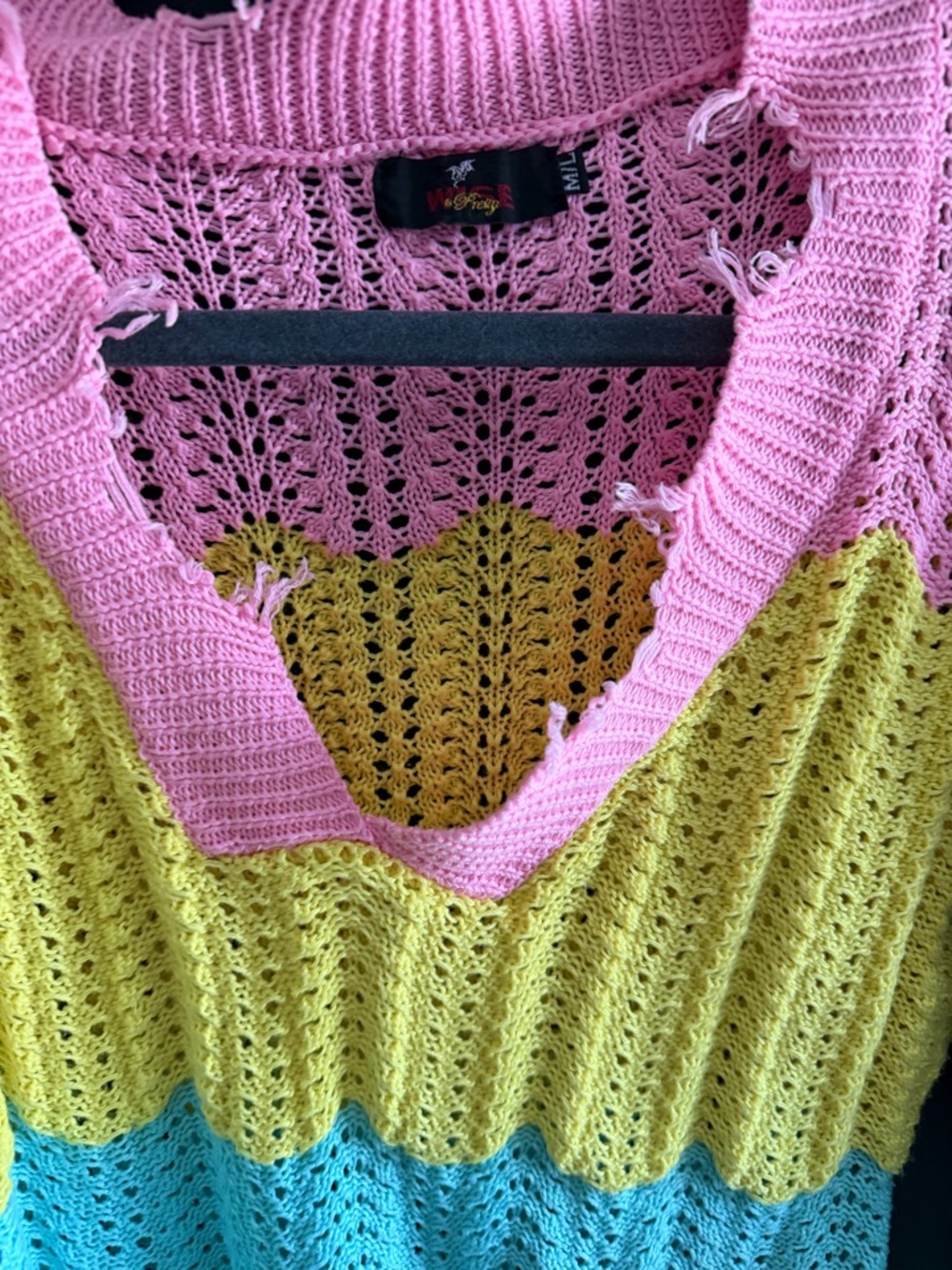 Distressed Multi-Stripe Knit Sweater - Pink, Yellow, Mint, Blue - Picture 3 of 4